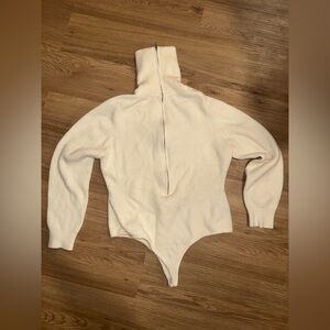 Cream Ribbed One-Shoulder Sweater